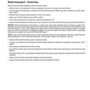May include: A document page titled 5 - TRANSPORT OPERATIONS, Road transport - Overview. It lists safety precautions for driving a tractor, including using hazard lights, the SMV sign, drawbar usage, and emergency braking procedures for operators.