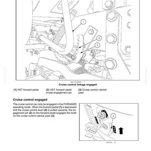 May include: Diagram of a hydrostatic transmission system, detailing cruise control linkage. Includes labels for HST forward pedal, cruise engagement pin, and ratchet pawl. Text explains the cruise control engagement process.