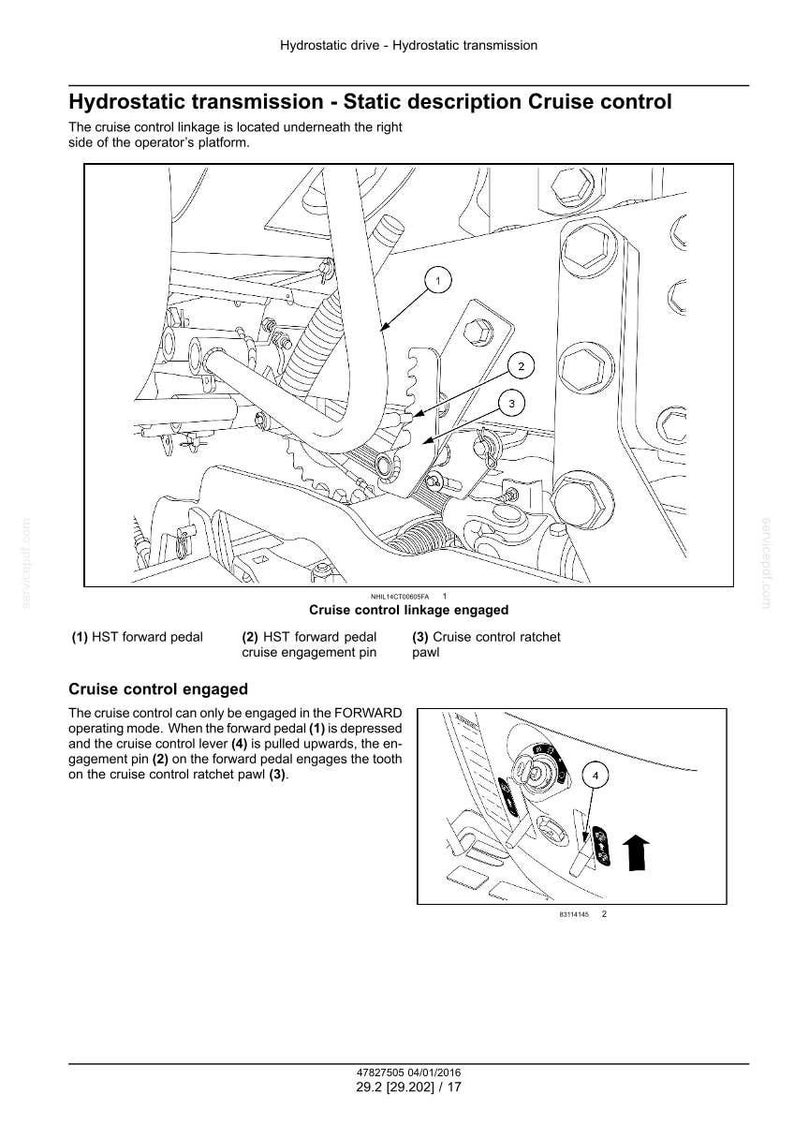 May include: Diagram of a hydrostatic transmission system, detailing cruise control linkage. Includes labels for HST forward pedal, cruise engagement pin, and ratchet pawl. Text explains the cruise control engagement process.