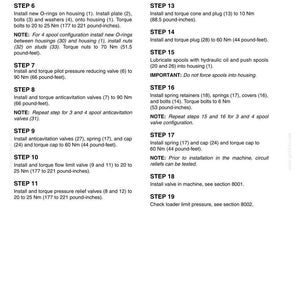 May include: A technical document page titled 8005-14 listing assembly instructions from step 5 to step 19. The text details specific torque requirements in Nm and pound-feet for installing various valves, bolts, O-rings, and hydraulic components.