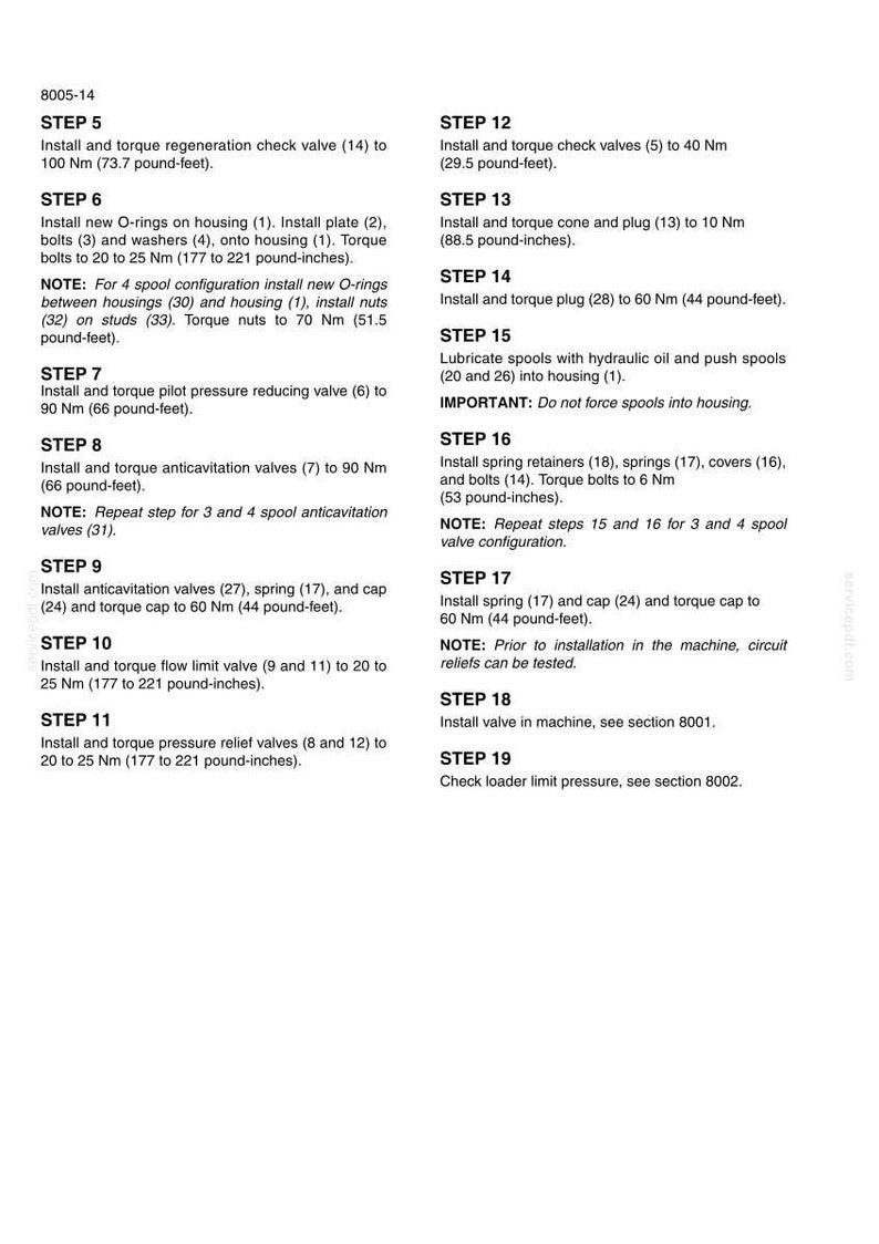 May include: A technical document page titled 8005-14 listing assembly instructions from step 5 to step 19. The text details specific torque requirements in Nm and pound-feet for installing various valves, bolts, O-rings, and hydraulic components.