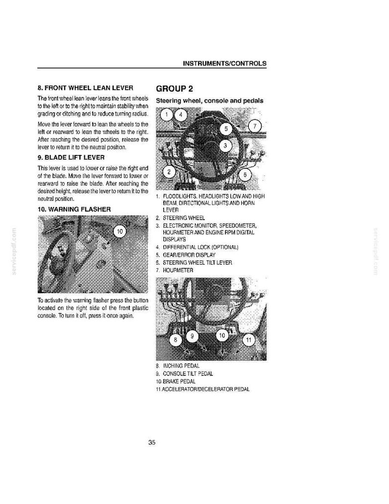 Puede incluir: Diagrama del panel de instrumentos, la consola y los pedales de un veh&iacute;culo. Incluye etiquetas para el volante, el monitor electr&oacute;nico y varias palancas y pedales. El texto describe la funci&oacute;n de cada componente.