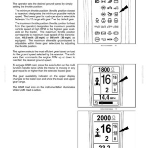 May include: A technical document page titled 4-OPERATING INSTRUCTIONS detailing the Using GSM road feature. It includes text explanations, a black and white icon panel, and two digital display screens showing engine RPM, gear settings, and speed in mph or km/h.