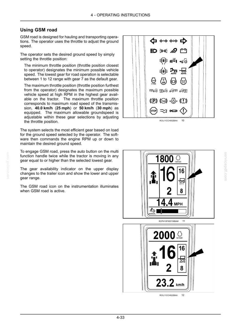 May include: A technical document page titled 4-OPERATING INSTRUCTIONS detailing the Using GSM road feature. It includes text explanations, a black and white icon panel, and two digital display screens showing engine RPM, gear settings, and speed in mph or km/h.