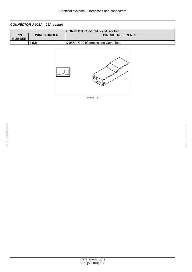 May include: A technical diagram of an electrical connector labeled CONNECTOR J-002A - 25A socket. The document includes a table with pin number 1, wire number 1 (M), and circuit reference X-056A X-024Connessione Cavo Tetto, alongside line drawings.