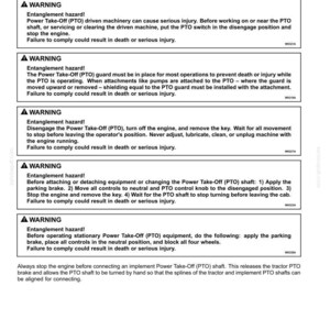 May include: A technical document page titled 6- WORKING OPERATIONS, detailing REAR POWER TAKE-OFF (PTO) safety rules. It contains five warning boxes regarding entanglement hazards, engine operation, and PTO shaft connection procedures.