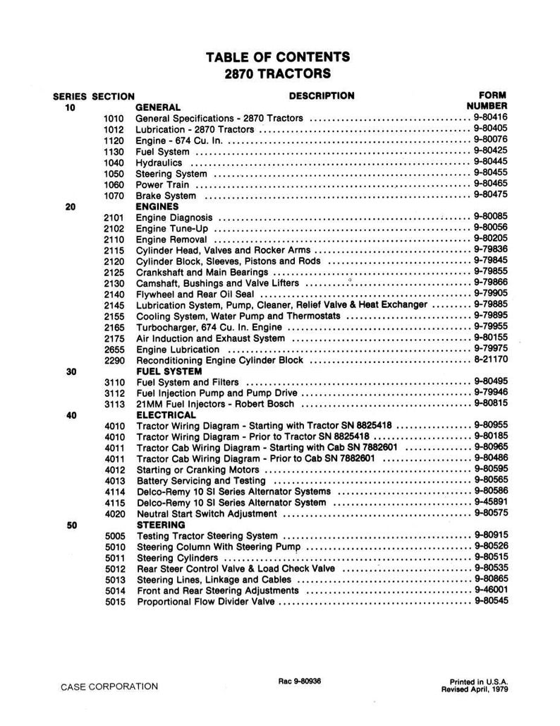 May include: Table of Contents for 2870 Tractors, listing sections like General, Engines, Fuel System, Electrical, and Steering. Includes form numbers and descriptions for each section. Published by Case Corporation in the USA.