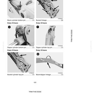 May include: Diagram of heavy machinery components with arrows pointing to lubrication points. Text indicates lubrication intervals of "Every 10 hours" for various parts, including boom, dipper, and bucket components. The page is labeled "LUBRICATION/FILTERS/FLUIDS".