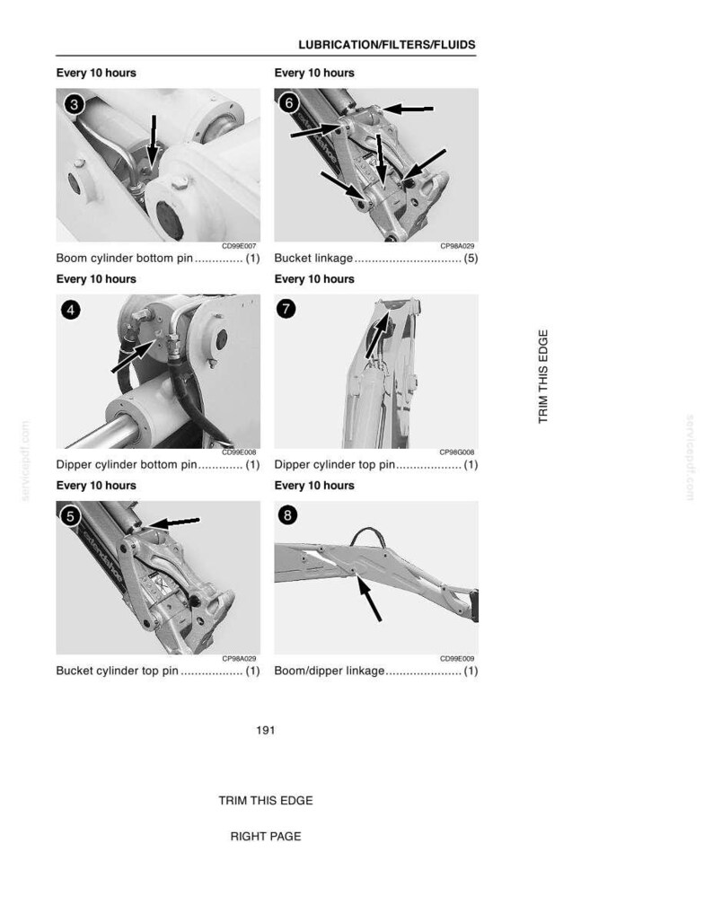 May include: Diagram of heavy machinery components with arrows pointing to lubrication points. Text indicates lubrication intervals of "Every 10 hours" for various parts, including boom, dipper, and bucket components. The page is labeled "LUBRICATION/FILTERS/FLUIDS".