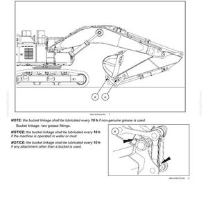 May include: Diagram of a bucket linkage with grease points, labeled with the letter "A". The diagram is a technical illustration with detailed lines and annotations, showing the lubrication points for maintenance.