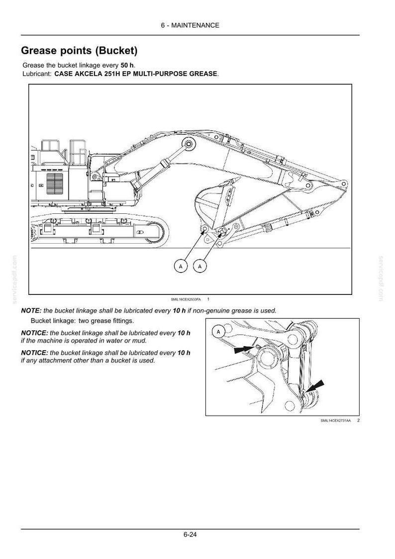 May include: Diagram of a bucket linkage with grease points, labeled with the letter "A". The diagram is a technical illustration with detailed lines and annotations, showing the lubrication points for maintenance.