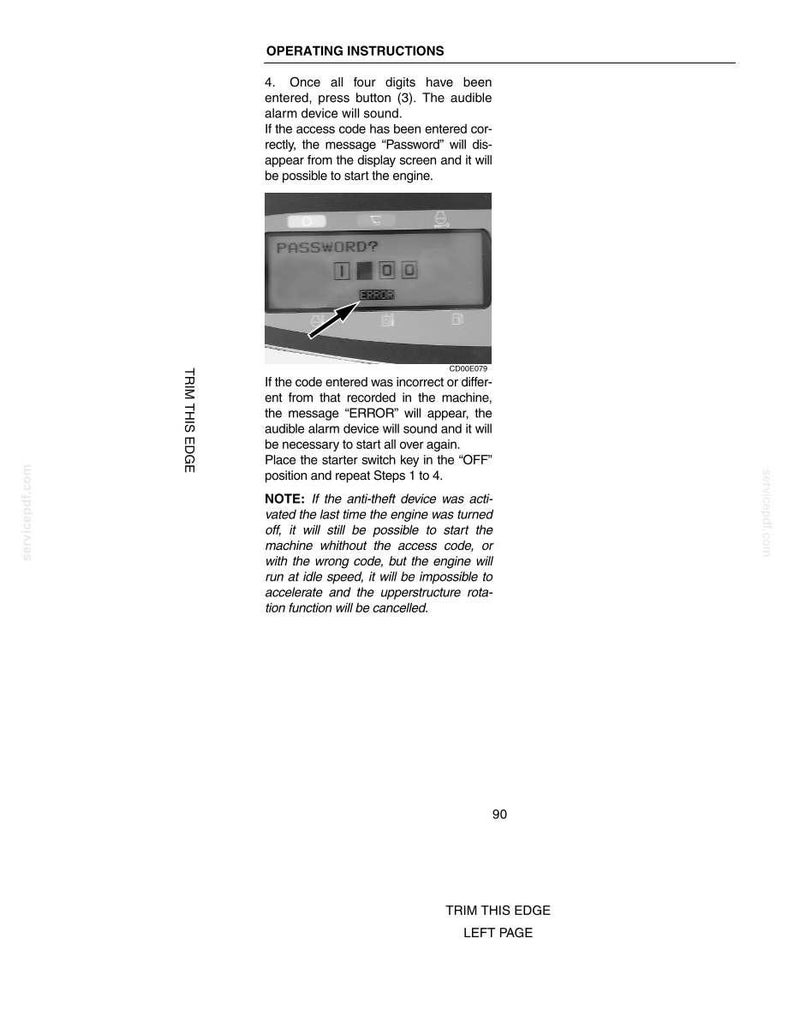May include: A page from an instruction manual with the text "OPERATING INSTRUCTIONS." The image shows a display screen with the word "PASSWORD?" and a numeric keypad. The text describes how to enter a code and start an engine.