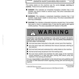 May include: A black and white safety manual page titled WARNING. It details safety notes, definitions for danger, warning, and caution, and operational requirements for a machine. Includes CNH &Ouml;sterreich GmbH copyright and date January 2006.
