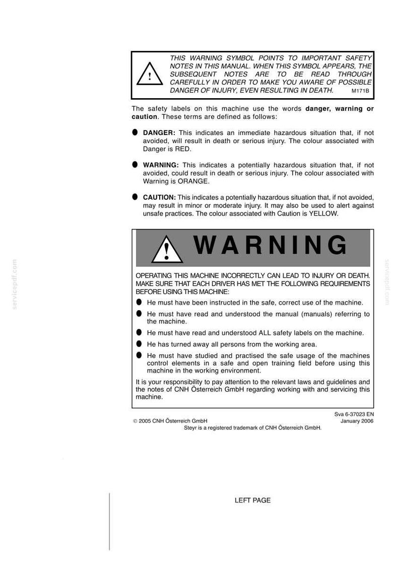 May include: A black and white safety manual page titled WARNING. It details safety notes, definitions for danger, warning, and caution, and operational requirements for a machine. Includes CNH &Ouml;sterreich GmbH copyright and date January 2006.