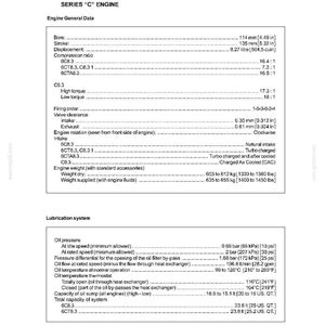 Puede incluir: Documento t&eacute;cnico detallando especificaciones para un motor serie "C", incluyendo di&aacute;metro, carrera y relaci&oacute;n de compresi&oacute;n. El documento tambi&eacute;n incluye informaci&oacute;n sobre presi&oacute;n y temperatura del aceite, con medidas en cm, kg y litros.