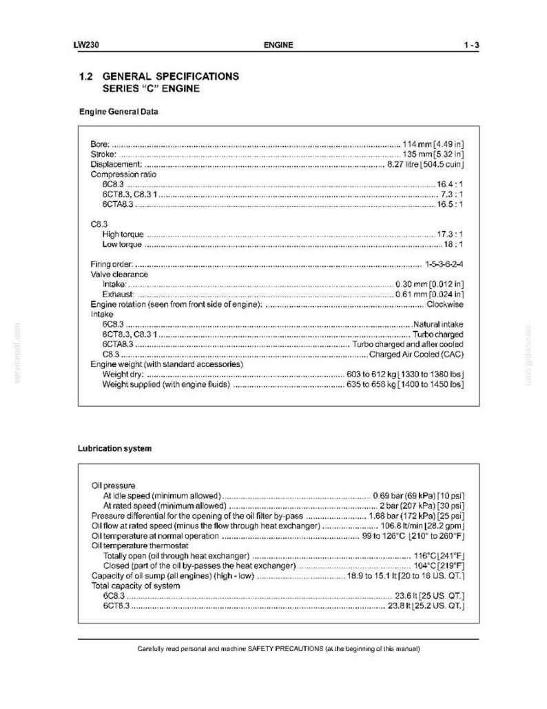 Puede incluir: Documento t&eacute;cnico detallando especificaciones para un motor serie "C", incluyendo di&aacute;metro, carrera y relaci&oacute;n de compresi&oacute;n. El documento tambi&eacute;n incluye informaci&oacute;n sobre presi&oacute;n y temperatura del aceite, con medidas en cm, kg y litros.