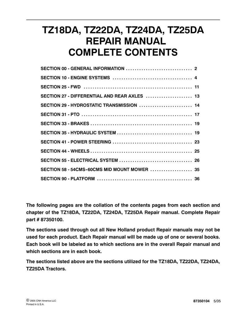 Manuale di officina per la riparazione e la manutenzione dei trattori New Holland TZ18DA, TZ22DA, TZ24DA, TZ25DA / Download PDF immediato immagine 3