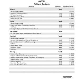 Puede incluir: Manual de servicio para la cargadora-paisajista 570MXT, con tabla de contenidos. Incluye secciones sobre informaci&oacute;n general, motor, sistema de combustible, electricidad y direcci&oacute;n. Con n&uacute;meros de formulario de publicaci&oacute;n.