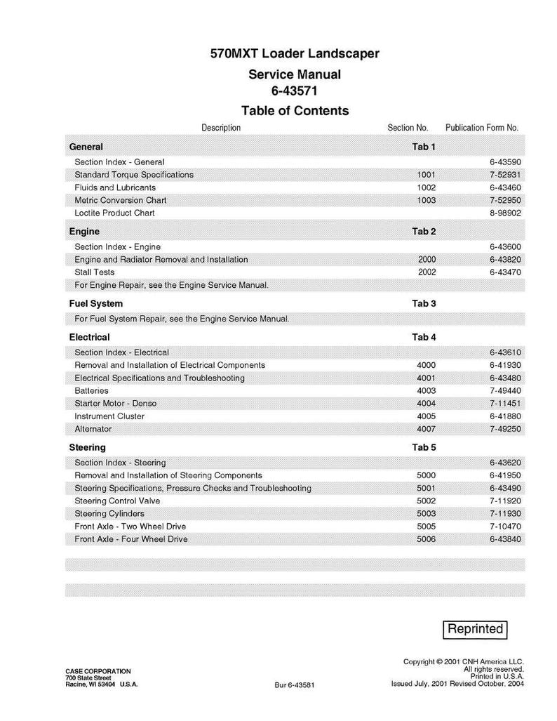 Puede incluir: Manual de servicio para la cargadora-paisajista 570MXT, con tabla de contenidos. Incluye secciones sobre informaci&oacute;n general, motor, sistema de combustible, electricidad y direcci&oacute;n. Con n&uacute;meros de formulario de publicaci&oacute;n.
