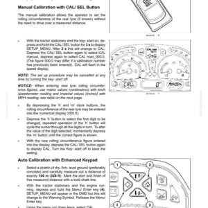 Pode incluir: Uma p&aacute;gina de manual t&eacute;cnico intitulada 3-CONTROLS/INSTRUMENTS com desenhos de linha a preto e branco de um bot&atilde;o CAL/SEL, um painel de instrumentos de trator com leituras num&eacute;ricas e um teclado com setas numeradas para instru&ccedil;&otilde;es.