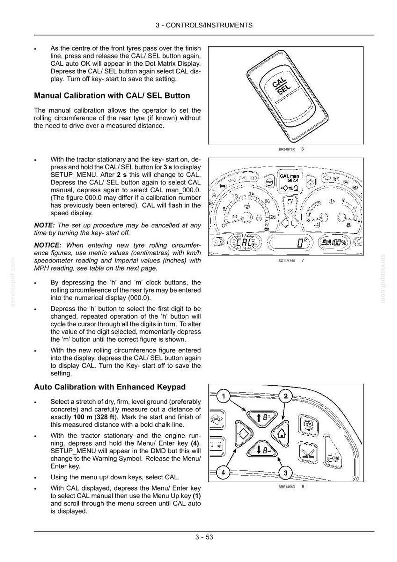 Pode incluir: Uma p&aacute;gina de manual t&eacute;cnico intitulada 3-CONTROLS/INSTRUMENTS com desenhos de linha a preto e branco de um bot&atilde;o CAL/SEL, um painel de instrumentos de trator com leituras num&eacute;ricas e um teclado com setas numeradas para instru&ccedil;&otilde;es.