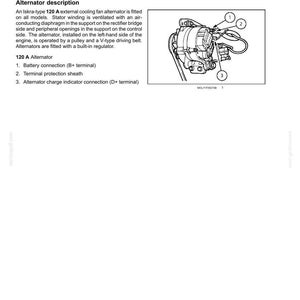 Puede incluir: Diagrama de un alternador con etiquetas para la conexi&oacute;n de la bater&iacute;a, la protecci&oacute;n de terminales y el indicador de carga. El texto dice "Alternador - Descripci&oacute;n din&aacute;mica" y describe las caracter&iacute;sticas y el funcionamiento del alternador.