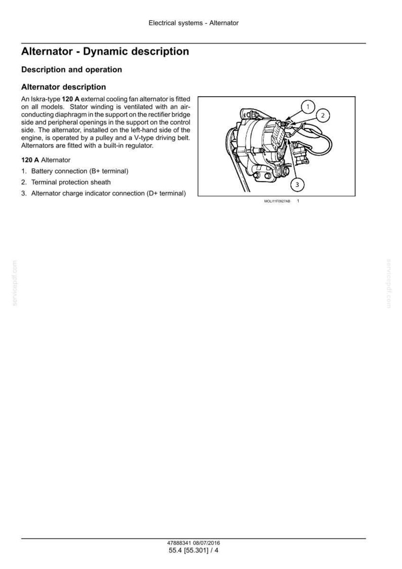 Puede incluir: Diagrama de un alternador con etiquetas para la conexi&oacute;n de la bater&iacute;a, la protecci&oacute;n de terminales y el indicador de carga. El texto dice "Alternador - Descripci&oacute;n din&aacute;mica" y describe las caracter&iacute;sticas y el funcionamiento del alternador.