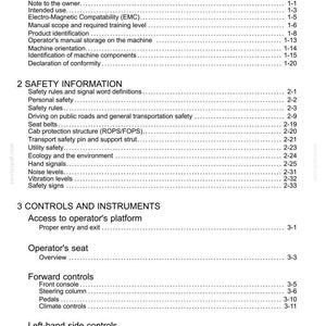 May include: A detailed table of contents from a manual, with sections on general information, safety, and controls. The text includes topics like safety rules, machine components, and operator controls. The document is printed on white paper.
