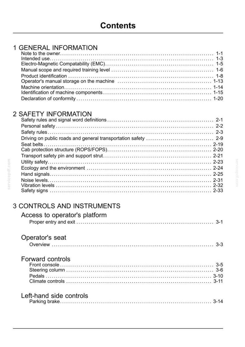 May include: A detailed table of contents from a manual, with sections on general information, safety, and controls. The text includes topics like safety rules, machine components, and operator controls. The document is printed on white paper.