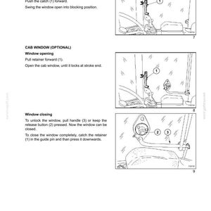 May include: Diagram of a cab window with instructions for opening and closing. The diagram shows the side window and cab window with numbered parts and text descriptions. The text includes instructions for pushing, pulling, and catching parts of the window.