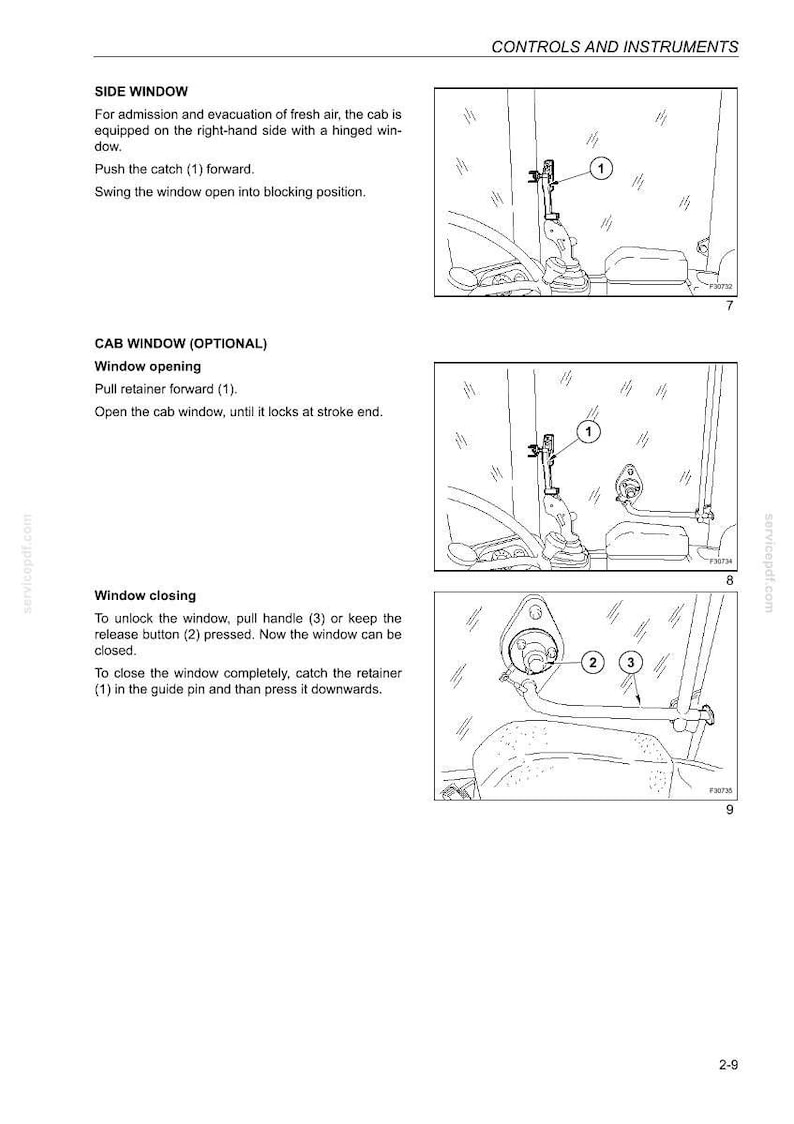 May include: Diagram of a cab window with instructions for opening and closing. The diagram shows the side window and cab window with numbered parts and text descriptions. The text includes instructions for pushing, pulling, and catching parts of the window.