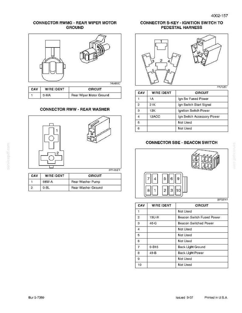May include: Diagram of automotive electrical connectors, including rear wiper motor ground, ignition switch, rear washer, and beacon switch. Each connector is labeled with wire identifiers and circuit descriptions.