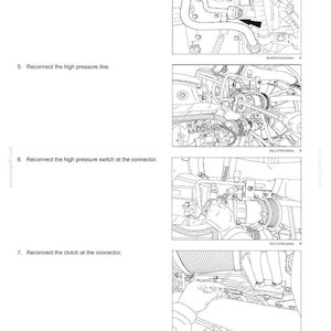 May include: Technical diagram illustrating cab climate control air conditioning components. Instructions detail installing an O-ring, reconnecting high-pressure lines, and reconnecting the high-pressure switch and clutch. The image is a technical illustration.