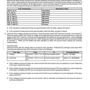 May include: Diagnostic chart for electrical systems, detailing fault codes and fuel temperature sensor testing. Includes resistance values at various temperatures, voltage and continuity tests, and troubleshooting steps for automotive repair.