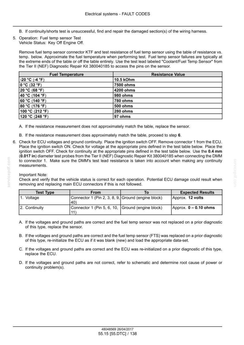May include: Diagnostic chart for electrical systems, detailing fault codes and fuel temperature sensor testing. Includes resistance values at various temperatures, voltage and continuity tests, and troubleshooting steps for automotive repair.