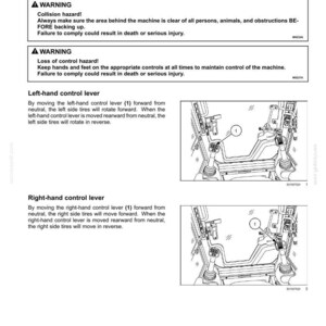 May include: A technical manual page titled 3-CONTROLS AND INSTRUMENTS detailing H control pattern steering and travel. It includes warning text regarding collision and loss of control hazards, alongside diagrams of left and right-hand control levers.