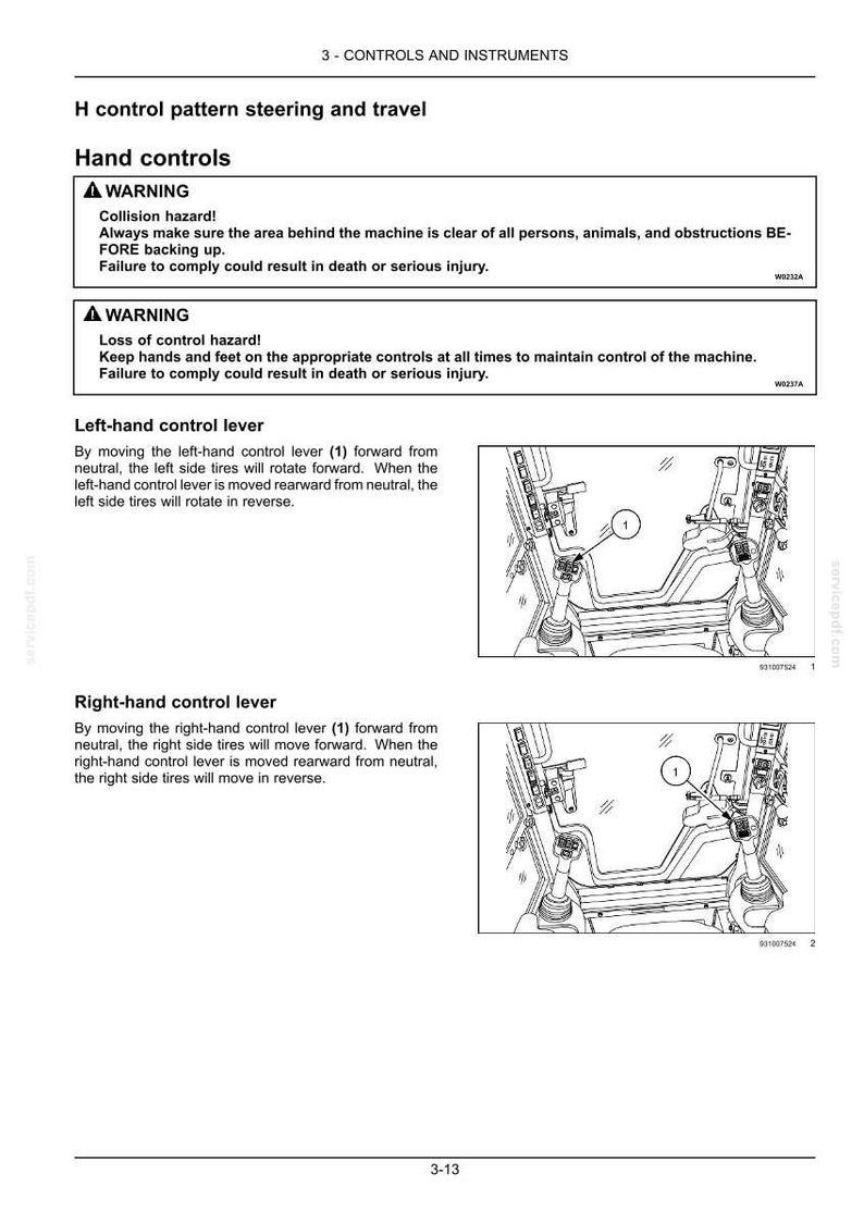 May include: A technical manual page titled 3-CONTROLS AND INSTRUMENTS detailing H control pattern steering and travel. It includes warning text regarding collision and loss of control hazards, alongside diagrams of left and right-hand control levers.