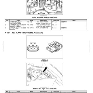 May include: Diagram of electrical systems, harnesses, and connectors for a tractor. Includes detailed schematics, pin configurations, wire descriptions, and color-size specifications. Features diagrams of the front left-hand and right-hand side trim.