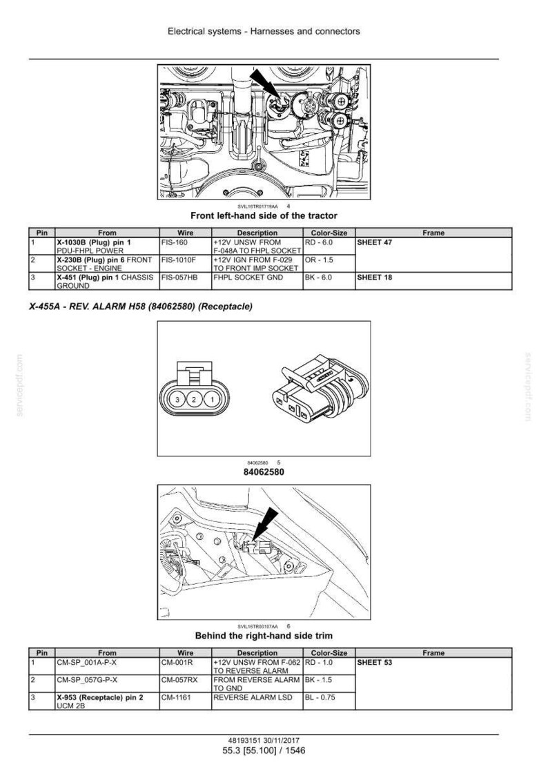 May include: Diagram of electrical systems, harnesses, and connectors for a tractor. Includes detailed schematics, pin configurations, wire descriptions, and color-size specifications. Features diagrams of the front left-hand and right-hand side trim.