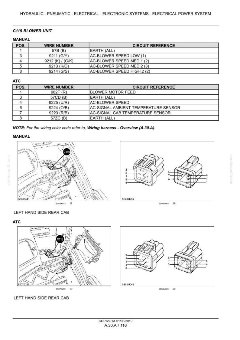 May include: A technical document page titled C119 BLOWER UNIT, featuring wiring tables for MANUAL and ATC systems. It includes diagrams of electrical connectors with numbered pins and illustrations showing the component location in the left hand side rear cab.