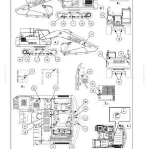 May include: Diagram of a CASE excavator with various labeled parts, including the boom, cab, and undercarriage. The diagram is labeled with numbers and letters for reference. The text "2 - SAFETY INFORMATION" is at the top.