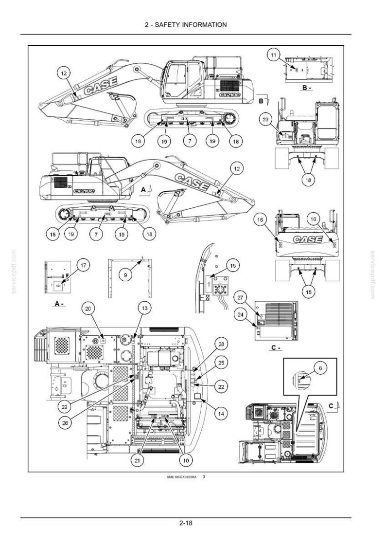 May include: Diagram of a CASE excavator with various labeled parts, including the boom, cab, and undercarriage. The diagram is labeled with numbers and letters for reference. The text "2 - SAFETY INFORMATION" is at the top.