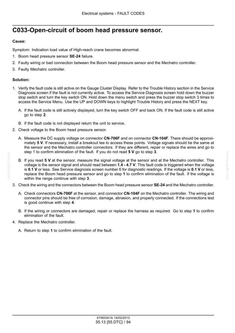 Op de afbeelding: Diagnostisch document met foutcodes voor elektrische systemen. De tekst beschrijft de foutcode C033, gerelateerd aan een open circuit in een giekdruksensor, en biedt stappen voor probleemoplossing. Bevat connector- en voltagespecificaties.