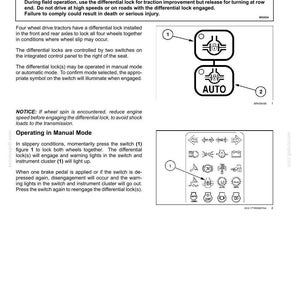 K&ouml;nnte beinhalten: Eine Seite aus einem technischen Handbuch mit dem Titel 6-WORKING OPERATIONS, die die Verwendung der Differenzialsperre f&uuml;r Traktoren beschreibt. Sie enth&auml;lt einen Warnhinweis, Anleitungen f&uuml;r den manuellen Modus und zwei Diagramme.