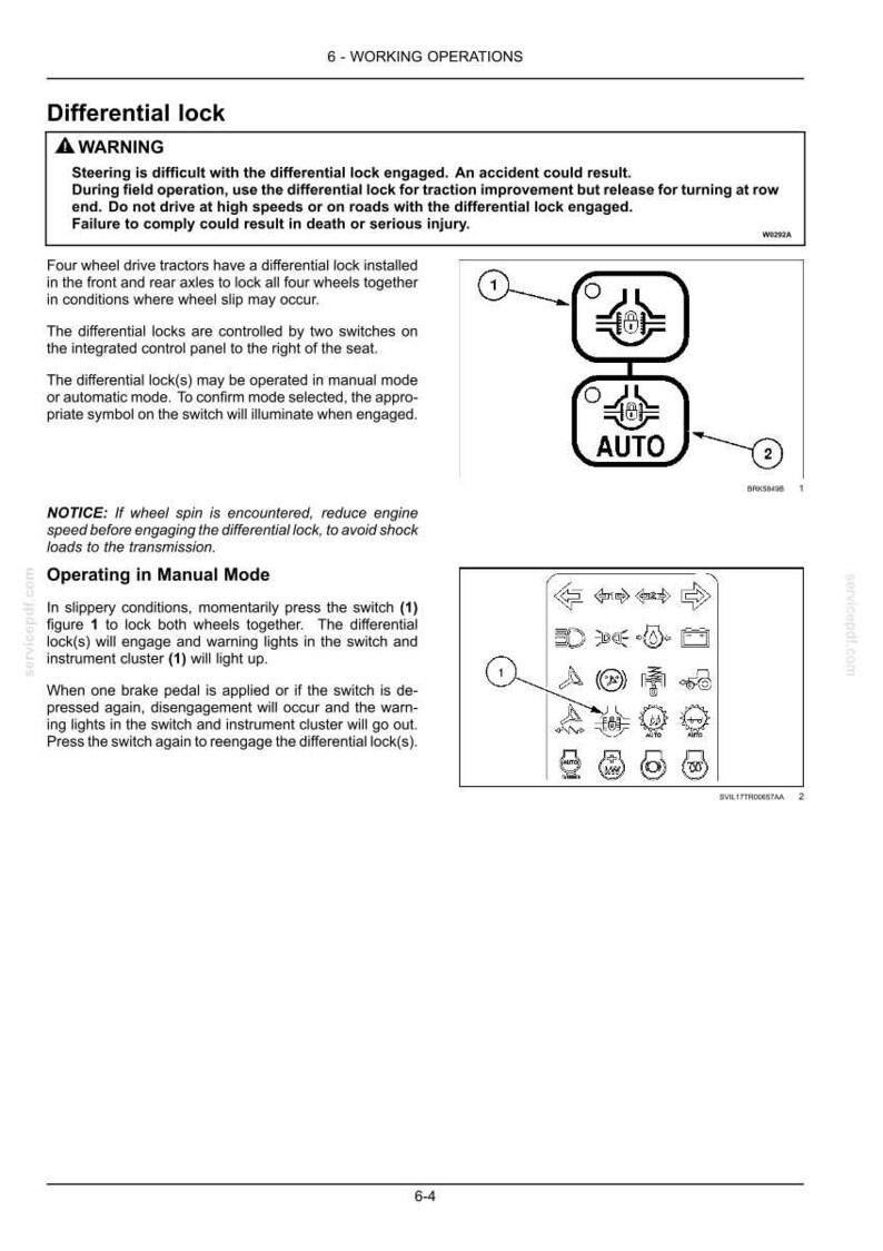 K&ouml;nnte beinhalten: Eine Seite aus einem technischen Handbuch mit dem Titel 6-WORKING OPERATIONS, die die Verwendung der Differenzialsperre f&uuml;r Traktoren beschreibt. Sie enth&auml;lt einen Warnhinweis, Anleitungen f&uuml;r den manuellen Modus und zwei Diagramme.