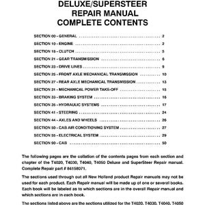 Puede incluir: P&aacute;gina de contenido de un manual de reparaci&oacute;n para tractores T4020, T4030, T4040 y T4050 Deluxe/SuperSteer. El &iacute;ndice enumera secciones como Motor, Embrague, Transmisi&oacute;n y otros sistemas mec&aacute;nicos. Impreso en EE. UU.