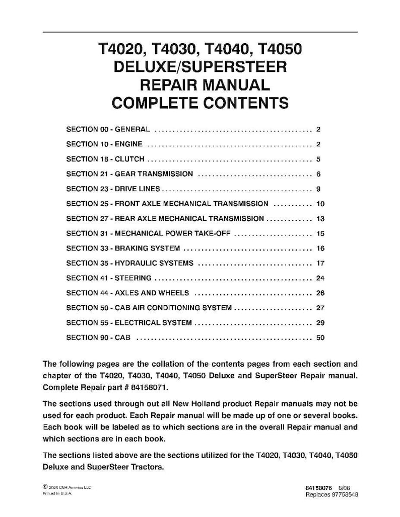 Puede incluir: P&aacute;gina de contenido de un manual de reparaci&oacute;n para tractores T4020, T4030, T4040 y T4050 Deluxe/SuperSteer. El &iacute;ndice enumera secciones como Motor, Embrague, Transmisi&oacute;n y otros sistemas mec&aacute;nicos. Impreso en EE. UU.