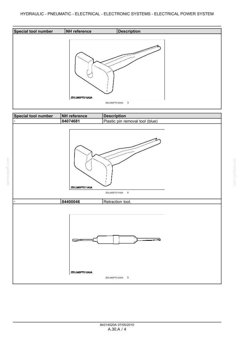以下が含まれることがあります： 3つの工具のイラストが描かれた技術図。最初のものは、長方形のヘッドと細長いアームを持つ工具です。2つ目は青いプラスチック製のピンリムーバーです。3つ目は格納ツールです。