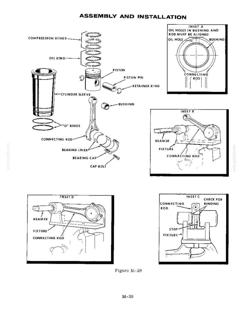 May include: An exploded diagram of engine components, including a piston, connecting rod, cylinder sleeve, and various rings and bushings. The diagram is labeled with text such as "Assembly and Installation" and "Connecting Rod".