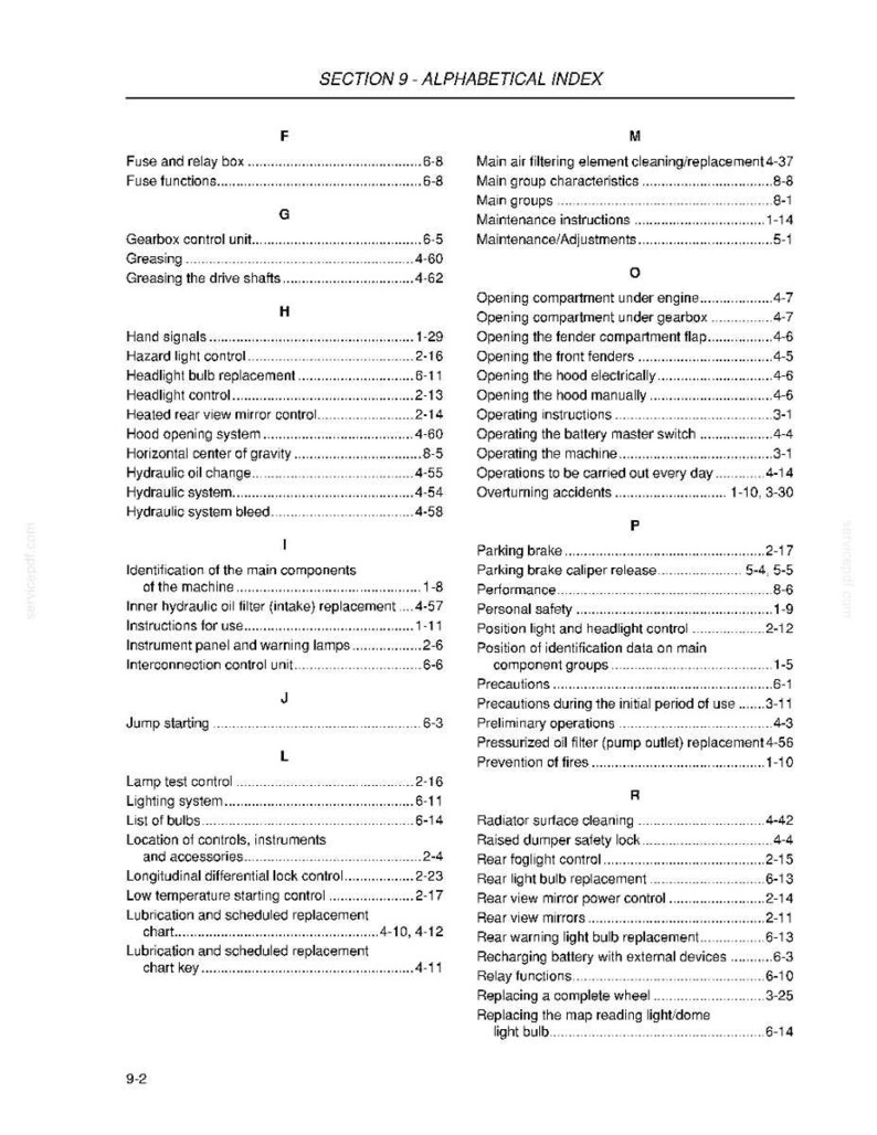 May include: A page from a manual titled "SECTION 9 - ALPHABETICAL INDEX." The index lists various automotive components and procedures, such as "Fuse and relay box," "Headlight bulb replacement," and "Parking brake." The page is printed in black text on white paper.